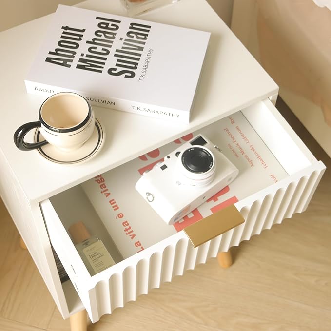 White Nightstand with Charging Station, Mid Century Modern Bedside Table with Drawers and Outlet,Side Tables Living Room, Wooden Night Stand for Bedroom, Office (White)