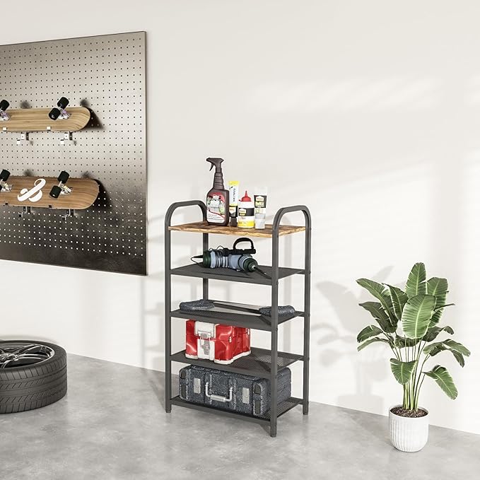 5-Tier Shoe Rack, with Heavy-Duty Metal Grid, Rustic Wooden Top, & Metal Guardrails - Transform Your Space with Style and Functionality Living Room, Kitchen, Bedroom, Garage, & Bathroom-NeatNest