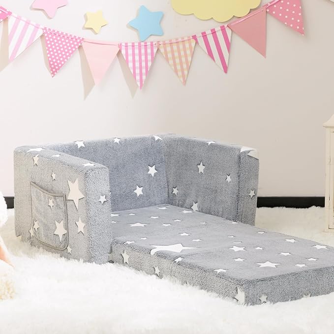ALIMORDEN 2-in-1 Toddler Fold Out Couch, Comfy Convertible Sofa to Lounger, Glow-in-The-Dark Star Pattern Foam Seat for Little Ones with Removable Washable Cover-NeatNest
