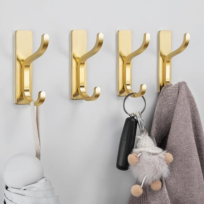 10-Pack Self Adhesive Wall Hooks for Hanging - 13 LB Strong Hold, Sticky Hangers for Coat, Towel, Purse, Keys, Bag - for Wall, Door, Bathroom, Shower, Dorm, Kitchen - Stainless Metal, Gold