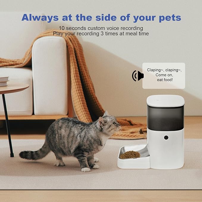 2.4G WiFi Automatic Cat Feeder, 4L Food Dispenser with 10s Voice Recorder, Pet Feeder up to 10 Meals per Day, Timed Cat Feeder with Dry Food Sealed Ring (White, 4L-WiFi)-NeatNest
