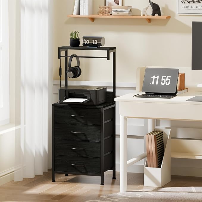 Furnulem Tall Nightstand with Charging Station, Night Stands with LED Lights and Storage Shelves, Bed Side Table for Bedroom, Hallway, Office, 4 Fabric Drawers (Black Oak)