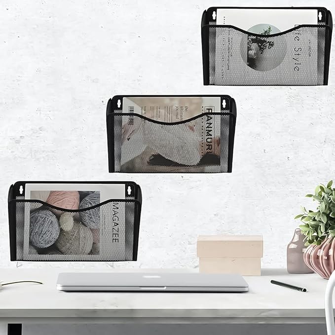 COSYAWN 3 Pack Mesh Wall Mounted File Holder, Metal Hanging Paper Folder Organizers, Single Pockets for Classroom Home and Office Black-NeatNest