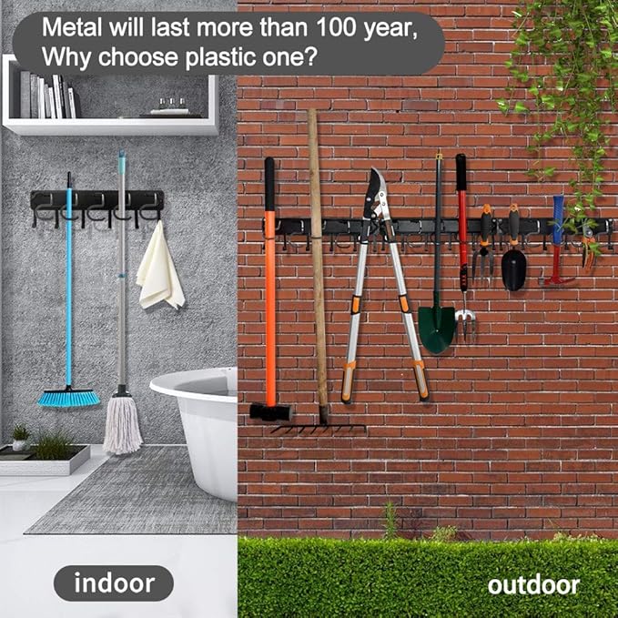 YueTong All Metal Garden Tool Organizer,Adjustable Garage Wall Organizers and Storage,Heavy Duty Wall Mount Holder with Hooks for Broom,Rake,Mop,Shovel.(1 Pack¡ê)