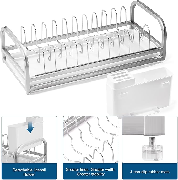 Dish Drying Rack Small for Kitchen Counter, 304 Stainless Steel Small Dish Rack w Cutlery Holder, Dish Drainer for Pots & Pans, Cutting Boards, Plates, Serving Trays & Lids (Silvery)