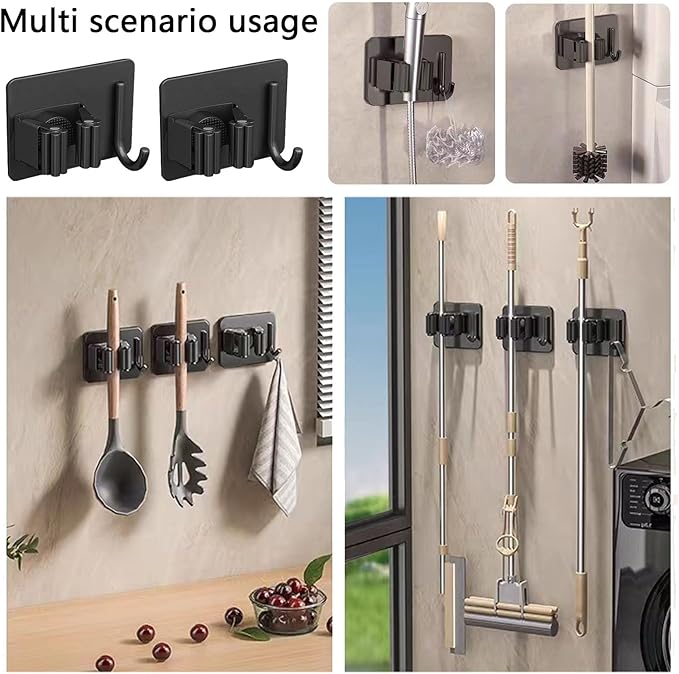 4Pcs Mop Broom Holder No Drill SUS304 Stainless Steel, Heavy Duty Tool Organizer Rack Rake and Shovel Handle, Storage Rack Self Adhesive for Bathroom, Laundry, Kitchen, Garage, Garden