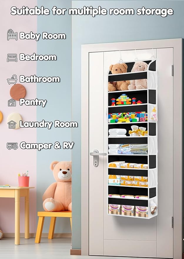 1 Pack Over The Door Storage Organizer with 5 Pockets 10 Mesh Side Pockets, 44 lbs Weight Capacity Door Hanging Organizers and Storage for Bedroom,Bathroom,Nursery,Pantry,Dorm(Light Gray)-NeatNest