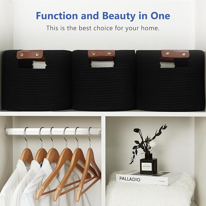 Cotton Rope Basket , Storage Baskets with Handle, 15x10x9 Inch Woven Basket for Shelves, Laundry, Towels, Clothes, Books, Toys (Black 3Pack)-NeatNest