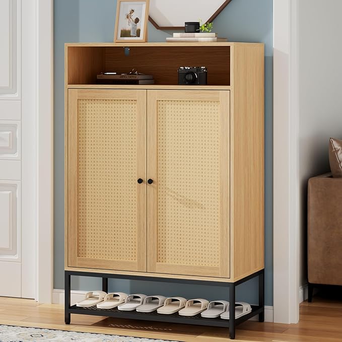 Rattan Shoe Organizer with Doors, Shoe Storage Cabinet with Adjustable Shelves for Entryway, 7-Tier Entryway Shoe Rack Storage for Hallway, Closet, Living Room-NeatNest