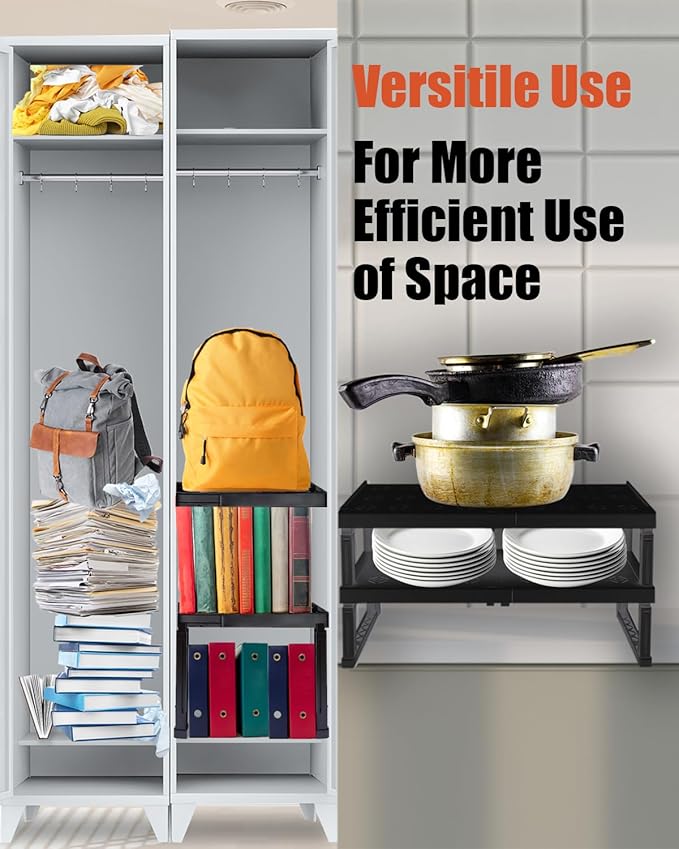 Adjustable Lokcer/Cabinet Organizer Shelf， Adjustable Width and Height, Ideal Locker for School, Office, and Gym Lockers… (Black 2 Pack New Version)
