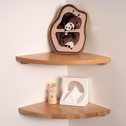 Floating Corner Shelves Oak 12", Solid Oak Wall Mounted Wooden Display Storage Rack with Wire Hole for Plants, Photos, Speakers, Bedroom, Kitchen, Living Room Décor - 2-Pack-NeatNest