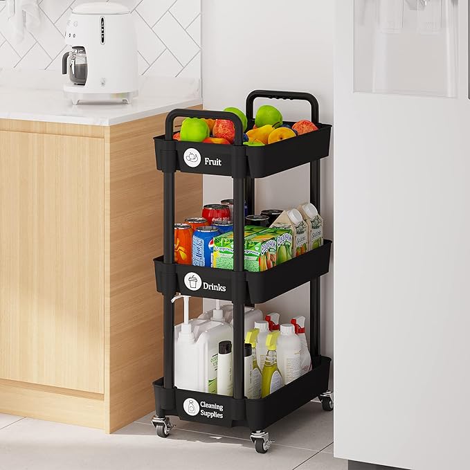 Laiensia 3-Tier Kitchen Storage Cart,Multifunction Utility Rolling Storage Organizer,Mobile Shelving Unit Cart with Lockable Wheels for Bathroom,Laundry,Living Room,With Classified Stickers,Black-NeatNest