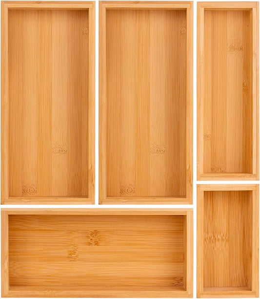 bamboo drawer organizer Set，expandable drawer dividers,wooden storage organizers,large trays for kitchen, bathroom,flatware,Tea Bag Organizer (1 X 5PCS Natural)-NeatNest