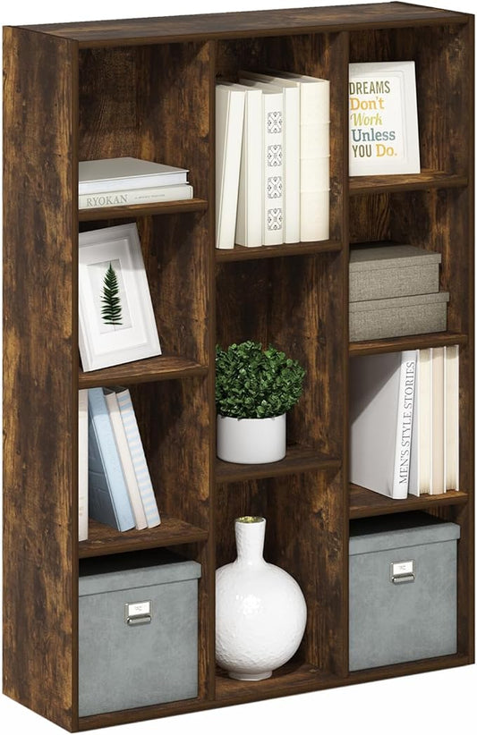 Furinno Luder 11-Cube Open Shelf Bookcase, Bookshelf, Amber Pine-NeatNest