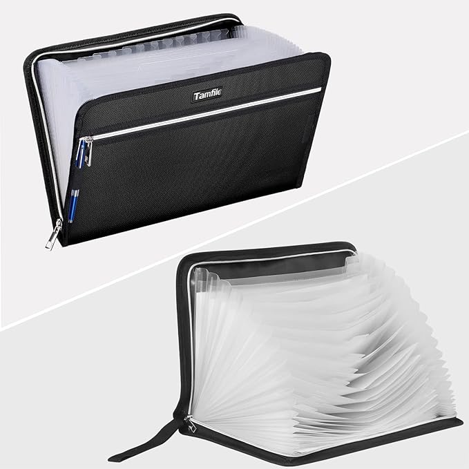 Tamfile Fireproof Waterproof Safe Expanding File Folder Accordion Document Organizer with 24 Pockets Portable Money File Bag Filing Holder and Lables/3Zippers A4 Letter Size (Black,14.3" 9.8")