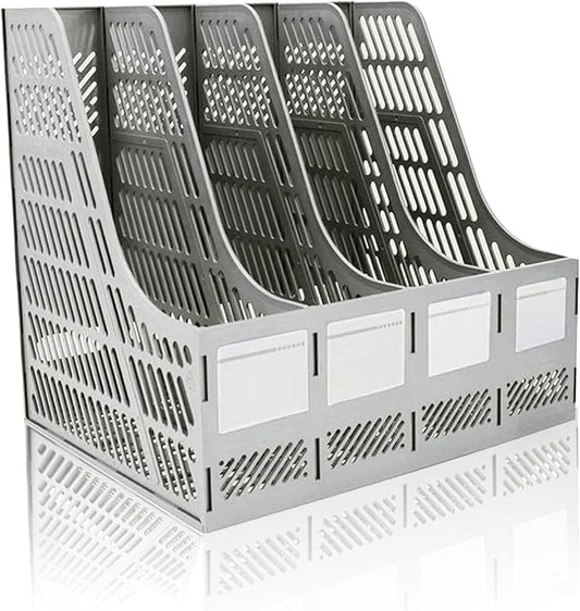 Lemical File Holder Desktop Filing File Box 4 Compartments Vertical File Organizer Magazine Rack Book Holder Frames Binder Holder for Home Office School (Gray)