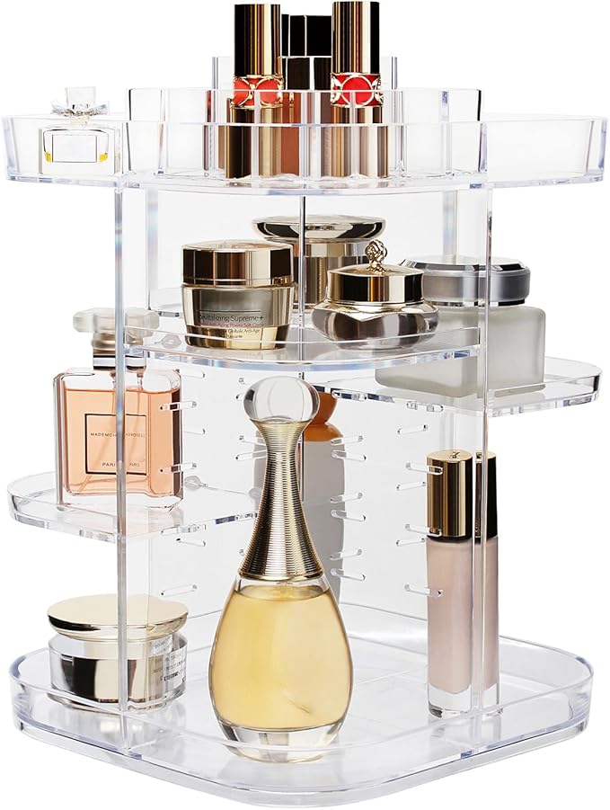 AMEITECH 360-Degree Makeup Organizer, DIY Adjustable Rotating Cosmetic Storage Carousel Spinning Holder Storage Rack with 5 Layers Large Capacity, Best for Countertop, Square