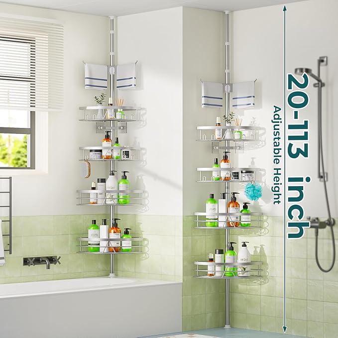 Dicasser Corner Shower Caddy - Tension Pole Rod Organizer, Floor to Ceiling 20-113 inch, Adjustable Towel Rack Waterproof Rustproof, Stainless Steel
