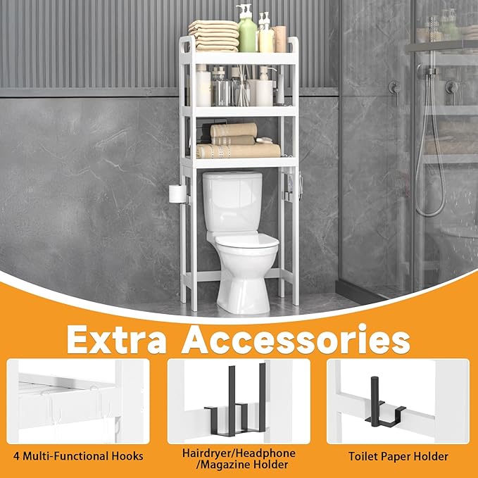 3 Tiers Over The Toilet Storage Shelf, Space Saver Bathroom Organizer Shelves with Toilet Paper Holder and Hooks, Freestanding Toilet Rack for Washroom Balcony (White)