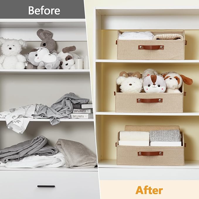 Closet Organizers and Storage, Linen Trapezoid Storage Bins with Handles, Collapsible Shelf Organizer for Blanket, Towel, Clothes, Hats, Purse (Khaki)-NeatNest