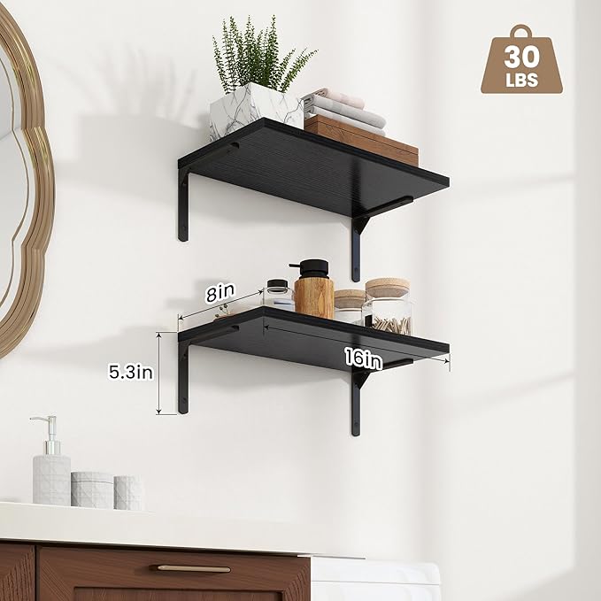 Fun Memories Deep Floating Shelves, 16W x 8D Floating Shelves Set of 2, Wall Mounted Shelf with Metal Brackets, Rustic Wood Wall Shelf for Bathroom, Kitchen and Living Room, Black-NeatNest