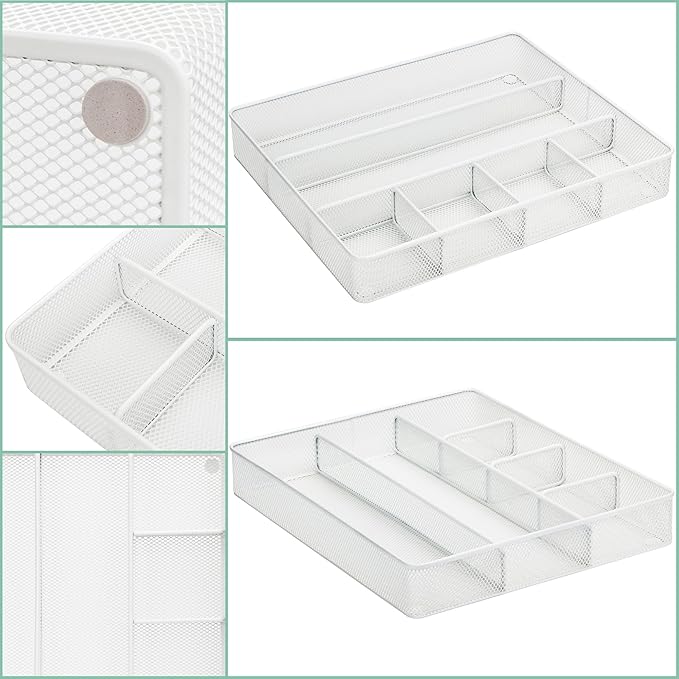 Annova Desk Top Organizer Tray for Office Organization - Metal Mesh - Storage Tray with Dividers for Pens, Desktop Accessories, Bathroom, Kitchen, Makeup and Office Supplies (Large, White)-NeatNest