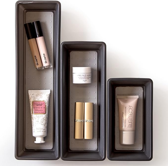 BINO | 3-Piece Drawer Organizer Bin Set, Small - Grey | THE MODULAR | Multi-Purpose Storage | Soft-Grip Lining and Non-Slip Rubber Feet | Durable | BPA-Free | Desk Drawer Organizer | Vanity Organizer-NeatNest