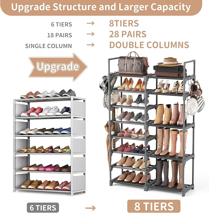 ROJASOP Shoe Rack, Shoe Storage Organizer for Closet Entryway Garage Bedroom, 8 Tier Tall Metal Shoe Shelf for 26-32 Pairs Boots & Shoes, Adjustable Shoe Stand for Small Space-NeatNest