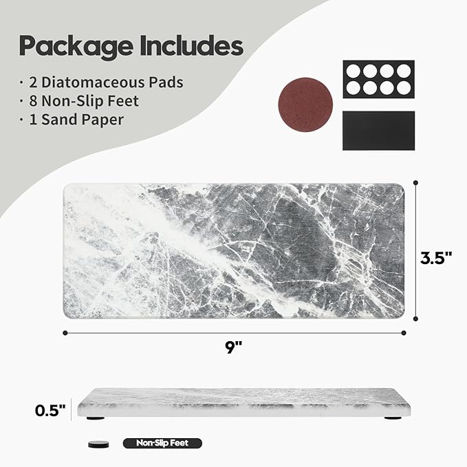 2PCS Bathroom Sink Vanity Trays, Water Absorbing Diatomite Stone Quick Drying Mat for Kitchen Counter, Dish Rack Dispenser Sponge Holder Caddy Organizer, Marble Crack, 9"x3.5"-NeatNest