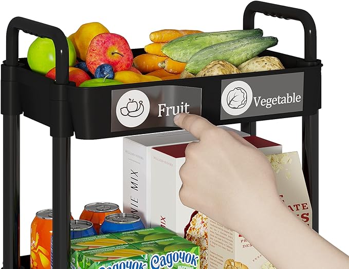Laiensia 3-Tier Kitchen Storage Cart,Multifunction Utility Rolling Storage Organizer,Mobile Shelving Unit Cart with Lockable Wheels for Bathroom,Laundry,Living Room,With Classified Stickers,Black-NeatNest
