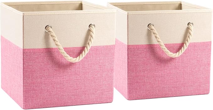 PRANDOM Large Foldable Cube Storage Bins 11x11 inch [2-Pack] Fabric Linen Storage Baskets Cubes Drawer with Cotton Handles Organizer for Shelves Nursery Closet Bedroom Pink-NeatNest