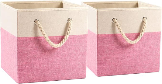PRANDOM Large Foldable Cube Storage Bins 13x13 inch [2-Pack] Fabric Linen Storage Baskets Cubes Drawer with Cotton Handles Organizer for Shelves Nursery Closet Bedroom Pink-NeatNest