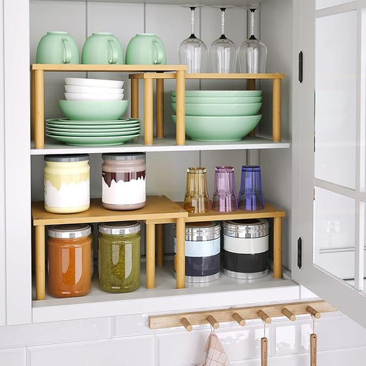 Cabinet Organizer Shelf(Set of 2),Kitchen Counter Shelves,Bamboo Stackable Expandable Spice Rack Countertop(Medium)-NeatNest