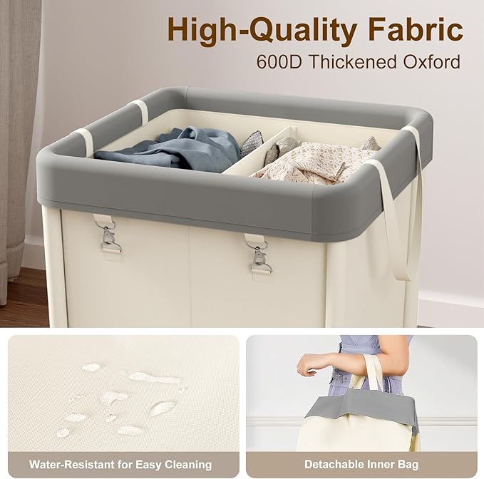 WOWLIVE 160L Rolling Laundry Hamper with Wheels, Heavy Duty Laundry Basket, Large Laundry Cart with Steel Frame and Removable Bag, Dirty Clothes Hamper for Home, Closet, Dorm, Bathroom, Beige