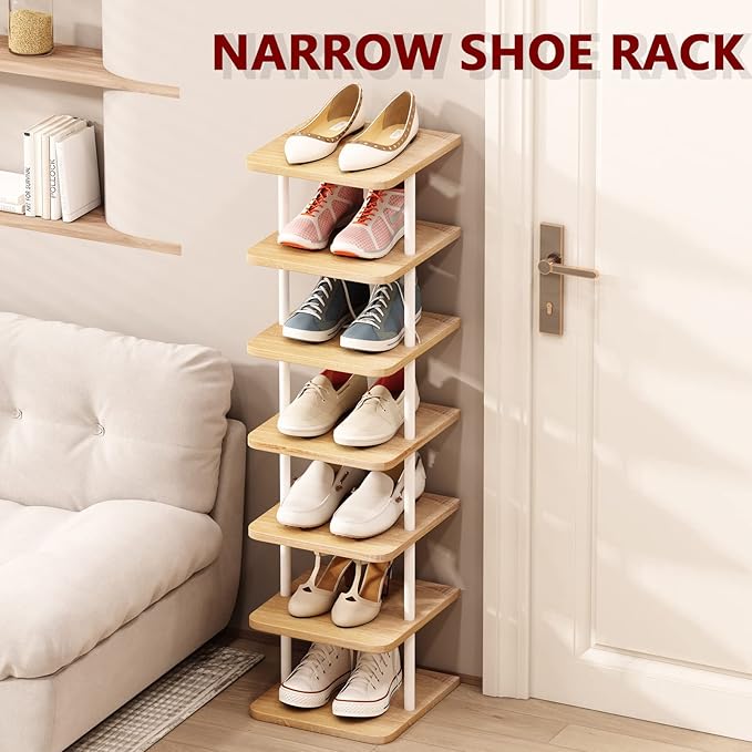AZERPIAN Shoe Rack 7 Tier Vertical Storage Organizer Narrow Metal Slim Shelf Modern Free Standing Shoe Tower Saving Space for Closet Entryway Bedroom,White-NeatNest