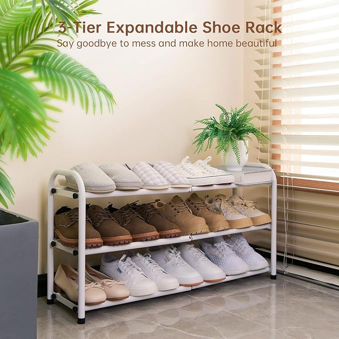 Gonfoam 3-Tier Expandable Shoe Rack,Adjustable Shoe Shelf Storage Organizer Heavy Duty Metal Free Standing Shoe Rack for Entryway Closet Doorway (White)-NeatNest