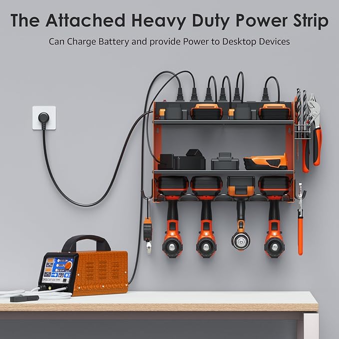 CCCEI Set Power Tool Organizer Wall Mount with Charging Station. Garage 4 Drill Storage Shelf with Hooks, Heavy Duty Metal Tool Battery Charger Organizer. Shop Utility Rack with Power Strip Orange.-NeatNest