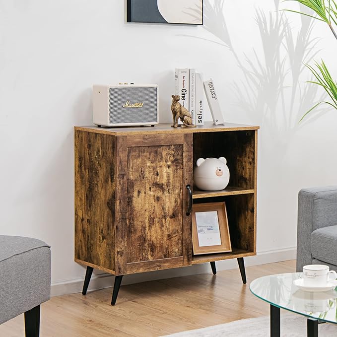 Giantex Mid-Century Storage Cabinet, Buffet Sideboard with Single Door & Adjustable Shelves, Free-Standing Cupboard, Wooden Accent Side Cabinet for Living Room, Rustic Brown