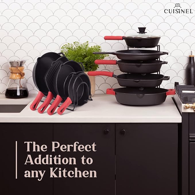 Cuisinel Pots and Pans Organizers - 2-Pack of Silicone-Coated Non-Slip 12" Heavy Duty Skillet Rack - Kitchen Organization Storage - Holds Cookie Sheets, Cutting Boards, Cast Iron Cookware, Dish Stand-NeatNest