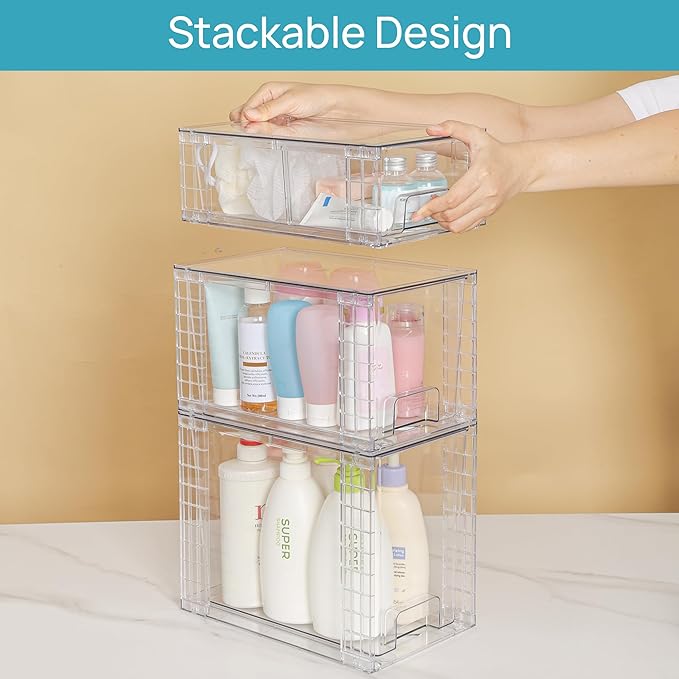 Vtopmart 3 Pack Clear Stackable Storage Drawers,Easy to Assemble Bathroom Organizers and Storage with handles,Plastic Drawers for Kitchen Pantry,Cabinet,Under Sink Organization-NeatNest