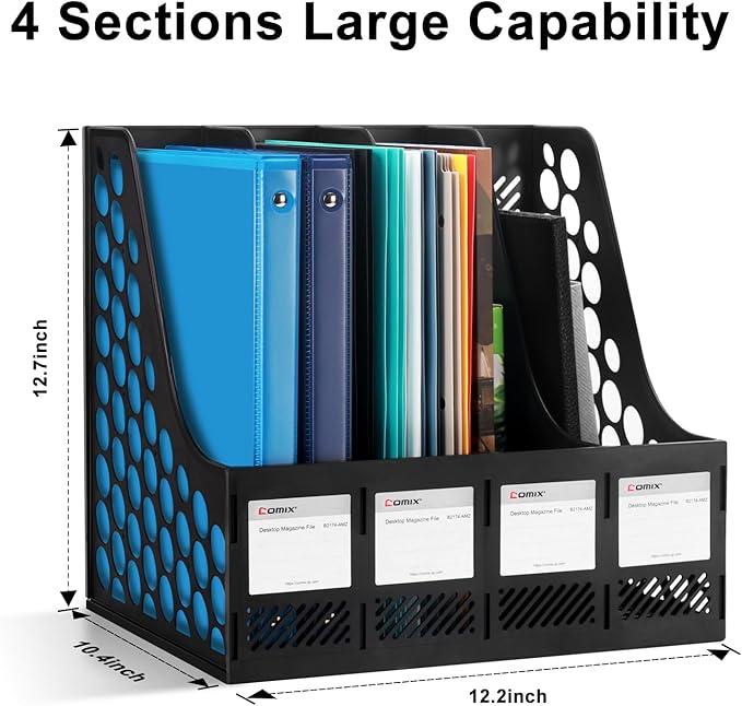 Comix Magazine File Holder Rack/Vertical Desktop File Organizer - Plastic Desk Organizer for Files, Folders, Books - 4 Compartment Binder Organizer - Black-NeatNest