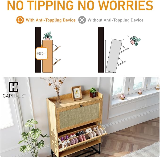 CAPHAUS Shoe Storage Cabinet w/Rattan Flip Drawers, Slim Thin Freestanding Entryway Shoes Organizer w/Adjustable & Removable Shelves, Modern Narrow Shoe Rack w/Metal Legs, Natural Oak