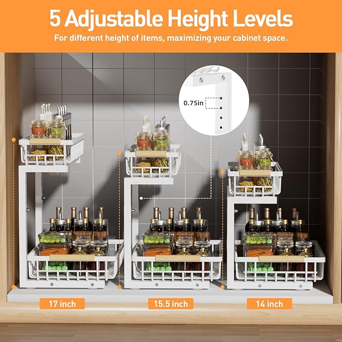 Under Sink Organizer, 2 Tier Height Adjustable Pull Out Cabinet Organizer Drawer, Metal Storage Shelf with Slide Out Wire Basket for Bathroom Kitchen, Countertop Pantry, White-NeatNest