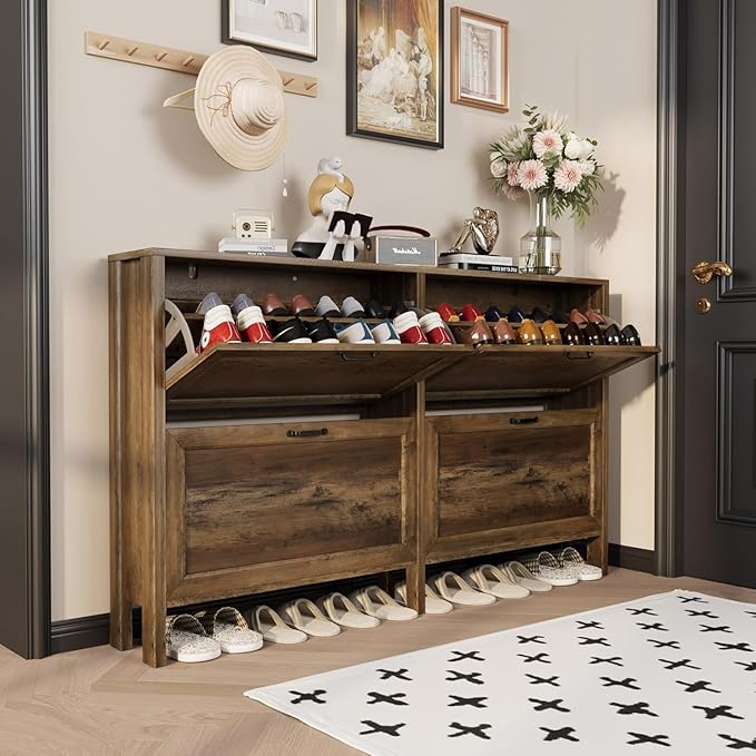 Shoe Cabinet with 4 Flip Drawers, Narrow Shoe Storage Cabinet, Freestanding Shoe Cabinet Organizer, Hidden Shoe Rack Cabinet for Entryway, Hallway (4-Drawers, Brown/4-drawers)-NeatNest