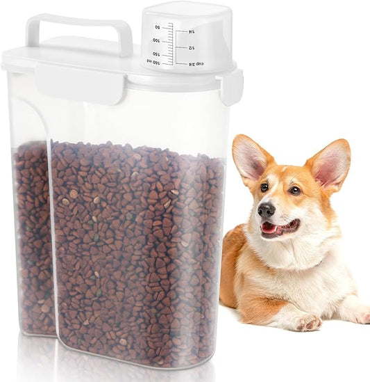 Dog Cat Food Storage Container, 5-7 Lbs Airtight Pet Food Storage Container with Easy-Pouring Spout and Portable Handle, Bird Seed Dispenser, Kitchen Organizer for Rice Cereal Flour -White-NeatNest