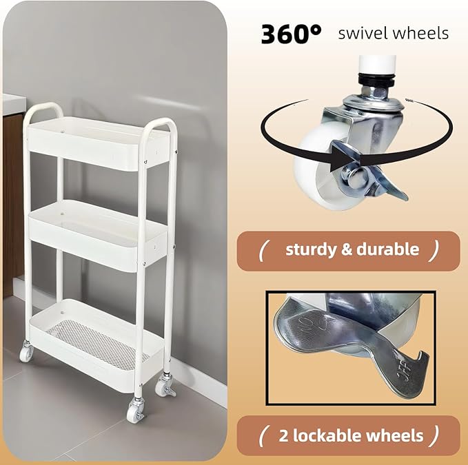 3 Tier Narrow Rolling Storage Cart for Laundry Room Organizer & Kitchen Storage, 7.1'' Wide Slim Storage Cart with Wheels and Lockable Casters for Small Space & Between Washer and Dryer, White