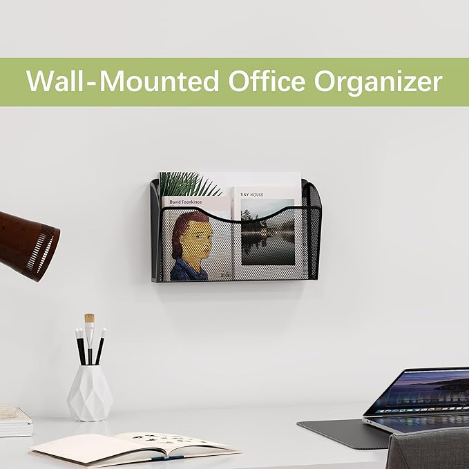 EasyPAG Wall File Holder, Single Mesh Hanging File Organizer for A4 Letter Size Paper, Wall Mount Paperwork Basket for Office, Home, School, Black