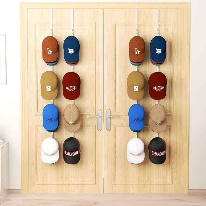 HapiRm Over Door Hat Rack - 4 Packs Metal Hanging Hat Organizer with 16 Hooks Design, Baseball Cap Hanger Organizer Storage Holds up to 80 Caps for Door, Bedroom, Closet(White)-NeatNest