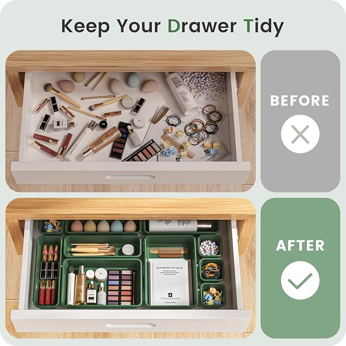 A-LuGei 【28PCS】 Drawer Organizer, Bathroom Organizers and Storage, Makeup organizer, Desk drawer organizer, Storage Bins for Kitchen Office Bedroom Vanity Jewelry Pantry Garage【ArmyGreen】【4Size】-NeatNest