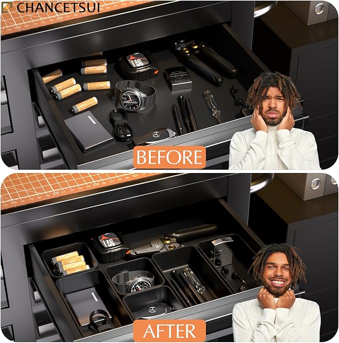 6 Pcs Stackable Drawer Organizer Set Desk Drawer Dividers, Bathroom Vanity Cosmetic Makeup Trays , Multipurpose Plastic Storage Bins for Jewelries, Kitchen Gadgets and Office Accessories, Black-NeatNest